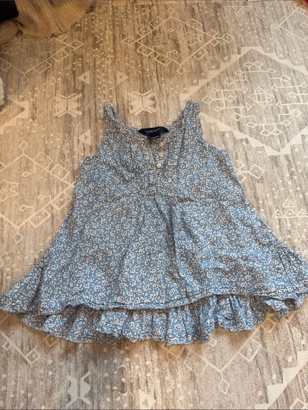 Ralph Lauren Blue Floral Ruffle Tank Top